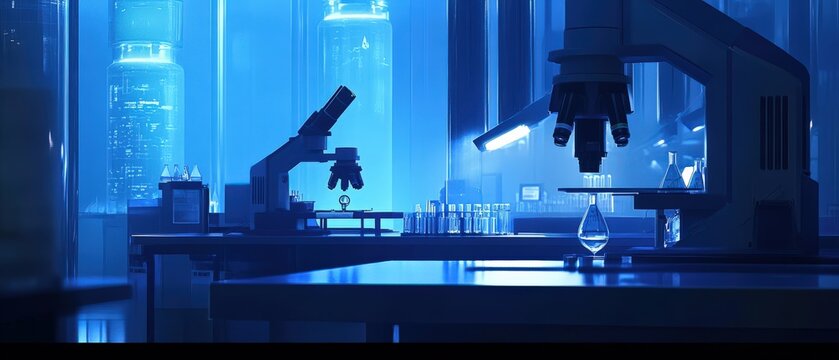 Scientific research in a modern laboratory futuristic city digital art high-tech environment wide angle innovation and discovery