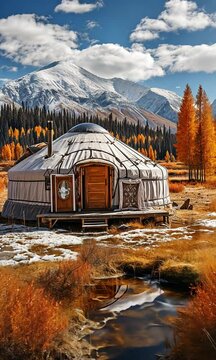 In the mountains, a white yurt with a backdrop of immature poplar trees
