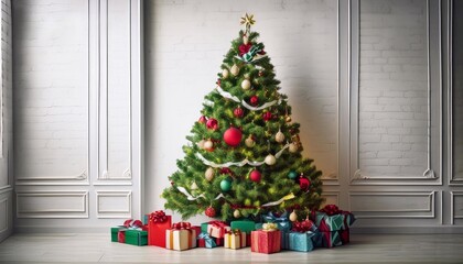 tree decorated for christmas, gifts in bright packages under the tree, against the background of a textured blue wall