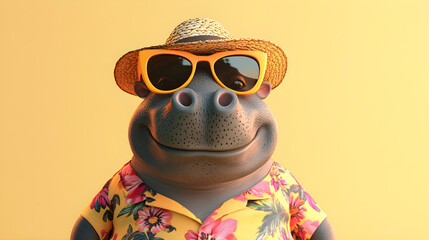 Hippopotamus wearing summer floral shirt, yellow background, summer travel concept.