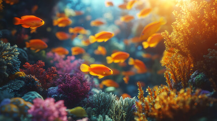 Naklejka premium Vibrant Coral Reef Fish School Sunlight Ocean Background Underwater Wallpaper.
