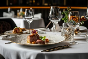 Gourmet dinner experience upscale restaurant food plating elegant setting close-up view culinary arts
