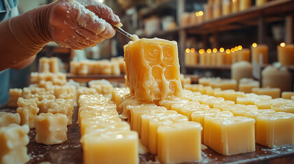 Detailed closeup of wax being poured into candle mold with tools like wick trimmers scent oils and molds nearby Shelves with candles in various shapes visible in the background