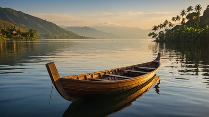 Obraz premium Traditional Wooden Boat on Calm Lake, Morning Serenity