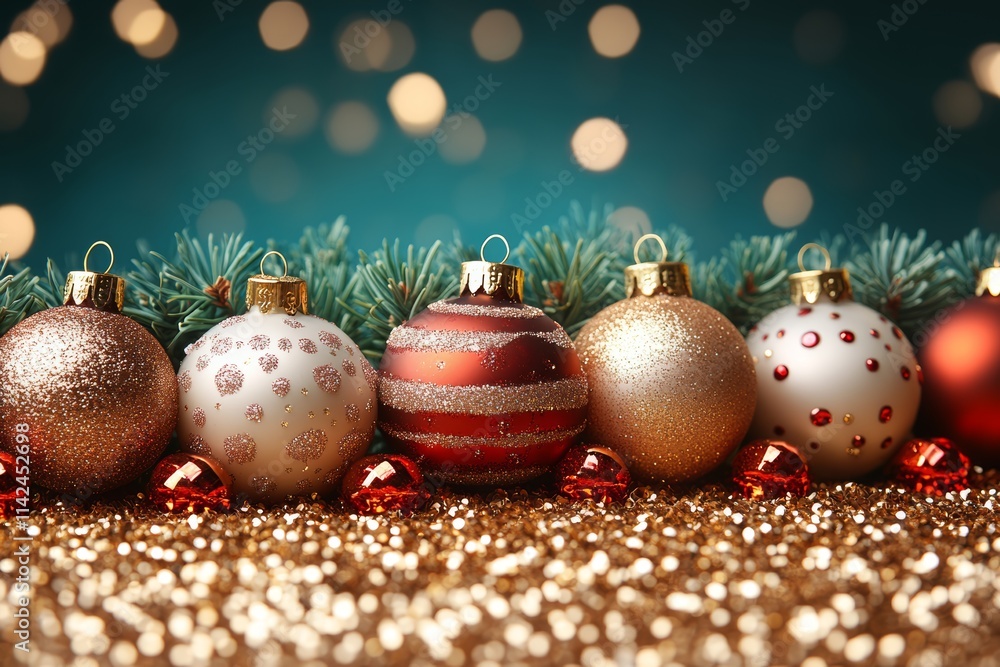 Poster a festive array of colorful christmas ornaments is displayed on a table, set against a serene blue b