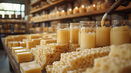 Detailed shot of wax being poured into glass jars wicks aligned Shelves in the background filled with finished candles wax blocks and molds neatly arranged