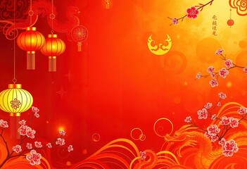 Chinese New Year Perfect Background - Chinese New Year Greeting Card - New Design - Lanterns - Elements of Chinese tradition - Colors of Chinese culture - Flowers - Perfect Any Project