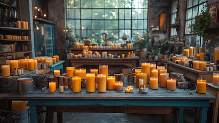 Industrial candle studio metal racks holding candles in different stages of production Workbenches with wax melting pots molds and wicks Soft glow from candles fills the room