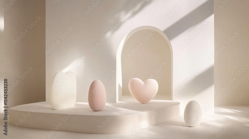 Poster soft minimalist still life composition with geometric shapes and light play in neutral tones, featur