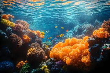 Vibrant coral reef underwater scene with fish, ocean background, perfect for marine conservation.