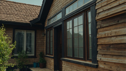 Exterior view of a house with wood siding and dark-framed windows.  The house features a brown tiled roof and multiple windows of varying sizes.  Part of a green shrub is visible to the left.