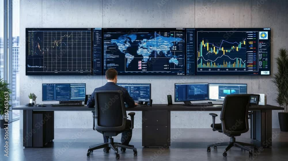 Aufkleber modern trading room with multiple screens displaying data and market trends in a financial district 