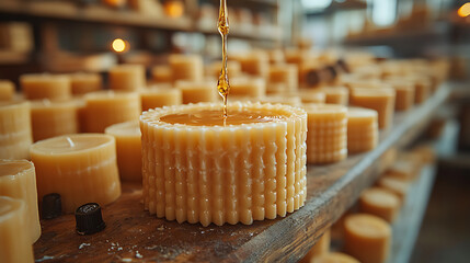 Macro shot of wax being poured into candle mold with tools like wick trimmers and scent oils scattered around Shelves filled with finished candles in the background