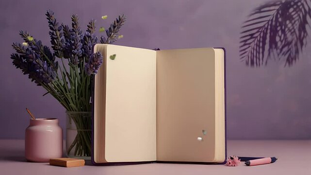 An open blank book with purple lavender flowers. Seamless 4K looping timelapse video animation background