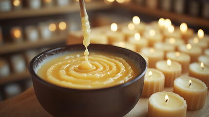 Macro view of scented oils being added molten wax in a pot with molds and wicks neatly arranged nearby Shelves with fresh candles visible in the background