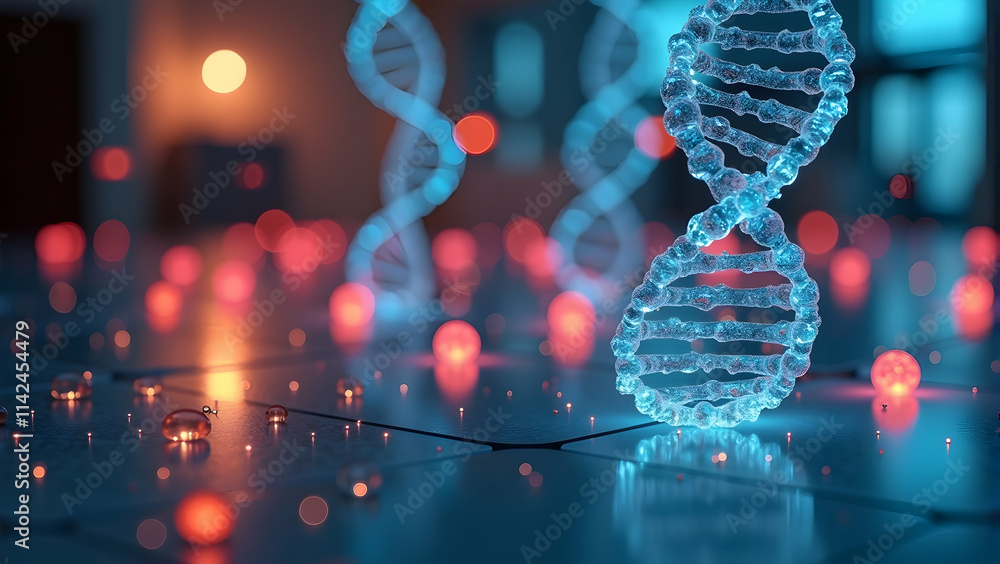 Poster illuminated dna helix against a backdrop of vibrant red and blue bokeh, creating a mesmerizing visua