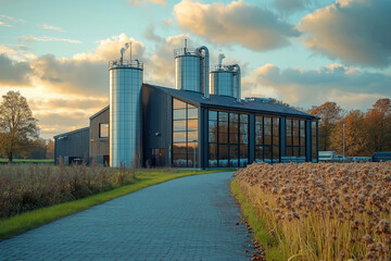 Modern factory with silos in rural landscape during sunset.