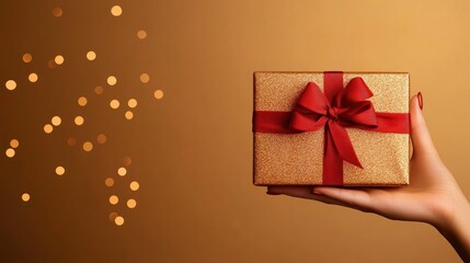 Obraz premium A hand holds a beautifully wrapped gift box adorned with a red ribbon, set against a warm, glowing background with bokeh lights.