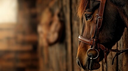 Fototapeta premium A close-up of a horse's head in a barn, showcasing its calm demeanor and detailed bridle against a rustic wooden background.