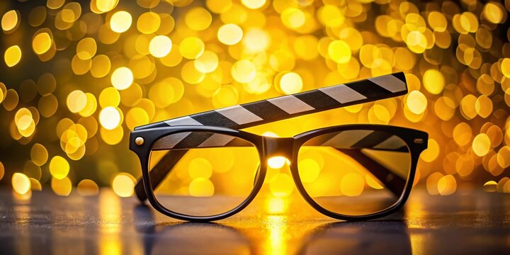 Bokeh Cinema: Minimalist Film Industry Photography, Yellow Background, Glasses, Clapperboard