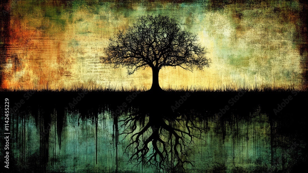 Poster bare tree silhouette with reflection over abstract textured background