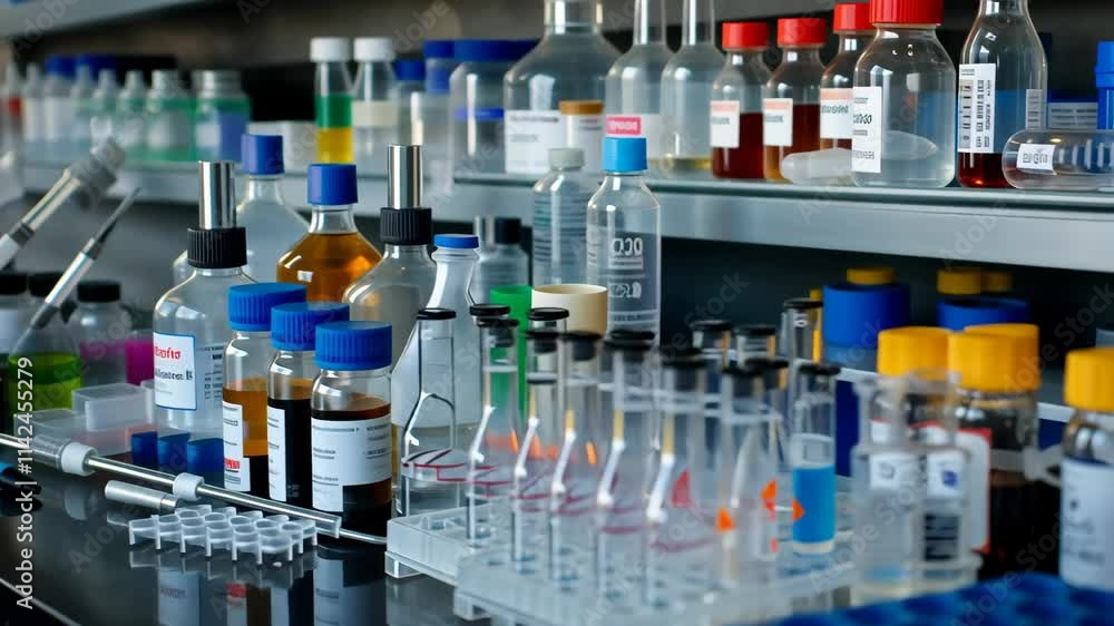Poster test tubes and flasks filled with colorful liquids are arranged on a lab bench, surrounded by multip
