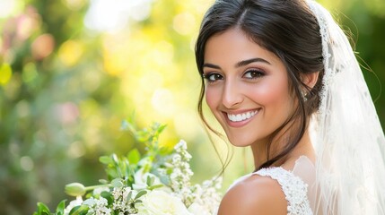 Fototapeta premium A joyful bride smiles radiantly while holding a bouquet, surrounded by a lush, vibrant background.