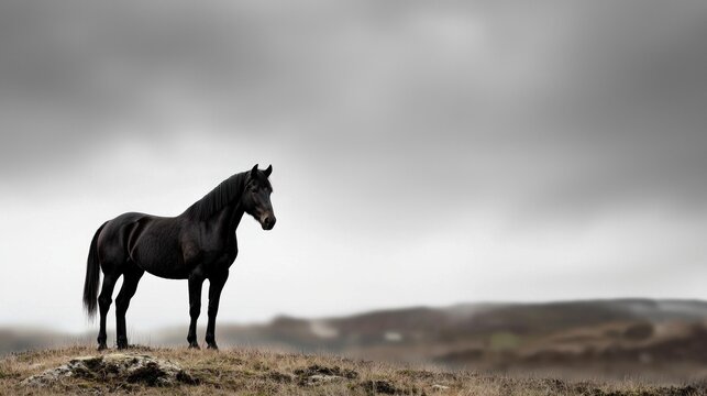 A solitary black horse stands against a dramatic, cloudy sky, highlighting the beauty of nature and the strength of the animal.