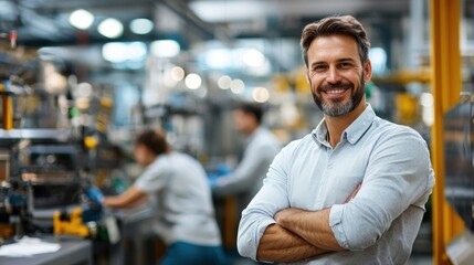Obraz premium A smiling man stands confidently in a factory setting, with machinery and colleagues working in the background.