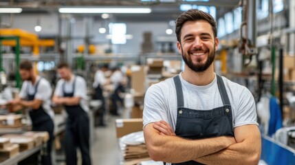 Obraz premium A smiling worker stands confidently in a busy warehouse, surrounded by colleagues and packing materials, showcasing a productive work environment.