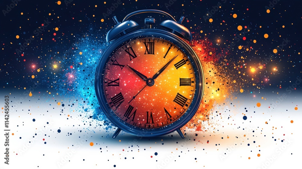 Poster stunning alarm clock surrounded by colorful explosions of light and sparkles, symbolizing the concep