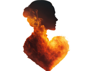 Silhouette of a woman formed by flames and heart shape, white isolate background.