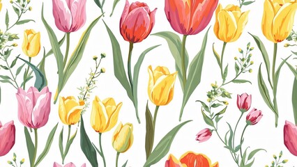 Beautiful Spring Background with Delicate Tulips on a White Background: Elegant Floral Scene in Soft Pastel Colors