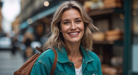 Fototapeta premium Caucasian woman happy wearing teal denim jacket looking on camera