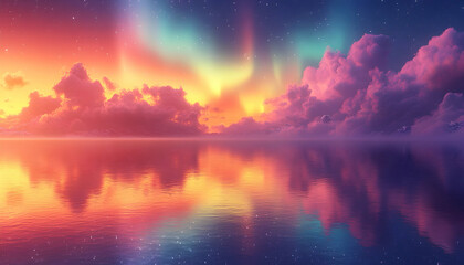 Naklejka premium Aurora borealis reflection, colorful sunset sky, calm sea, starry night, fantasy landscape, desktop wallpaper.