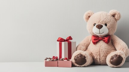 Cute Teddy Bear with Sweets on a Soft Background