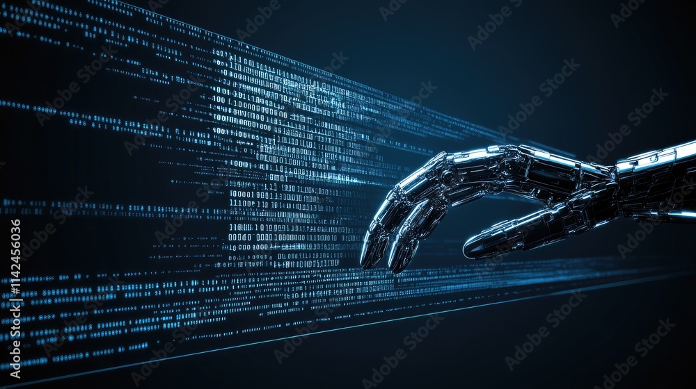 Poster futuristic robotic arm reaching towards streams of binary code