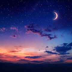 Fototapeta premium Night Sky Background with a Crescent Moon and Shimmering Stars in a Beautiful Romantic Twilight Glow