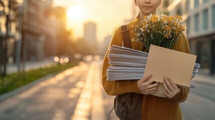 A woman holds flowers and a paper from work while standing on a sunlit city street, exuding a sense of warmth and nostalgia.