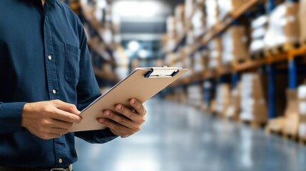 A person in a blue shirt holds a clipboard in a warehouse filled with stacked boxes, suggesting inventory management or logistics operations.