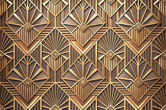 Geometric art deco wallpaper background featuring embossed symmetrical patterns with gold accents and intricate line design.