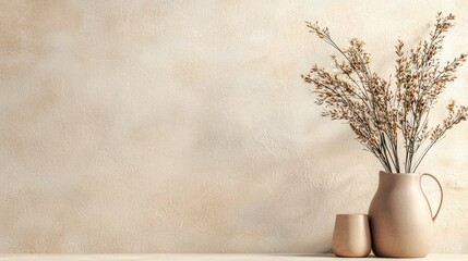 A minimalist aesthetic featuring dried flowers in simple pottery vases against a textured beige wall, creating a serene and elegant atmosphere.
