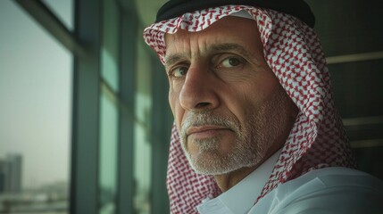 A thoughtful man in traditional attire gazes intently, reflecting wisdom and experience against a modern background.