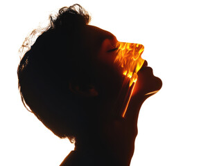 Profile of a person with a vibrant light effect on their face against a black background.
