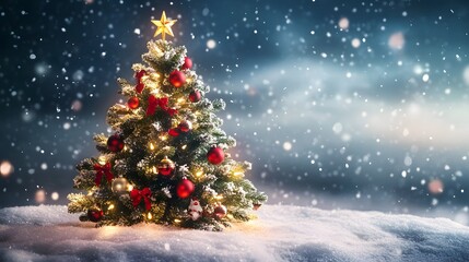 A front view of a Christmas tree adorned with elegant gold and red decorations, glowing joyfully on a snowy hilltop