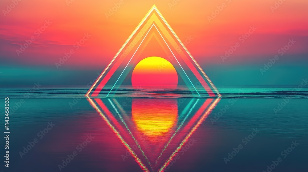 Poster abstract sunset reflection with triangular shapes in ocean scene