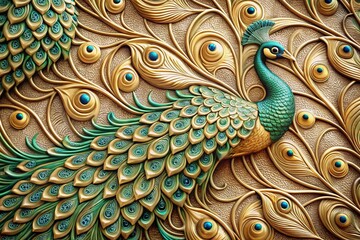 Luxurious embossed peacock feather pattern with intricate details and decorative finish for wallpaper background. © Mostafizur