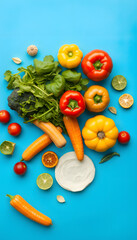 Different vegetables and fruits on blue background, copy space, Dynamic motion. isolated with white highlights