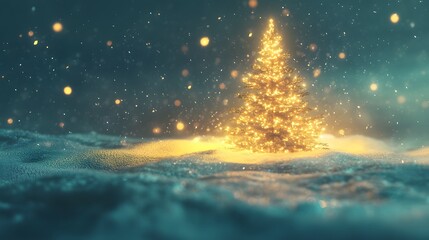 A front view of a festive Christmas tree wrapped in twinkling lights, its radiant glow spreading warmth across the snowy field