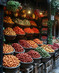 Obraz premium Colorful Tomatoes Market Stall, Venice Italy, Abundant Produce, Food Photography.